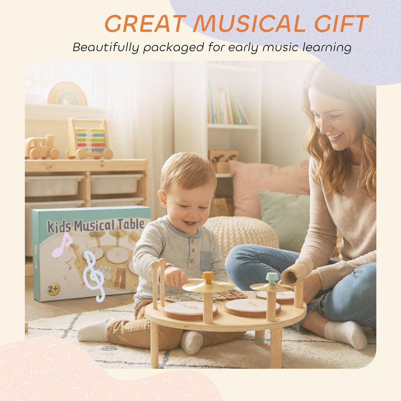 Gift box packaging for the musical instrument set beside a mother and toddler