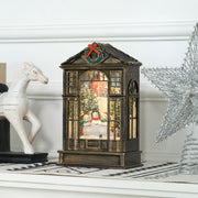 Snow globe lantern on a white shelf beside a white horse ornament and silver star