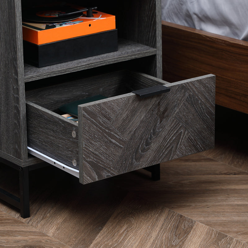 Bedside Table with Drawer and Open Shelf for Bedroom or Lounge with Steel Legs Dark Grey