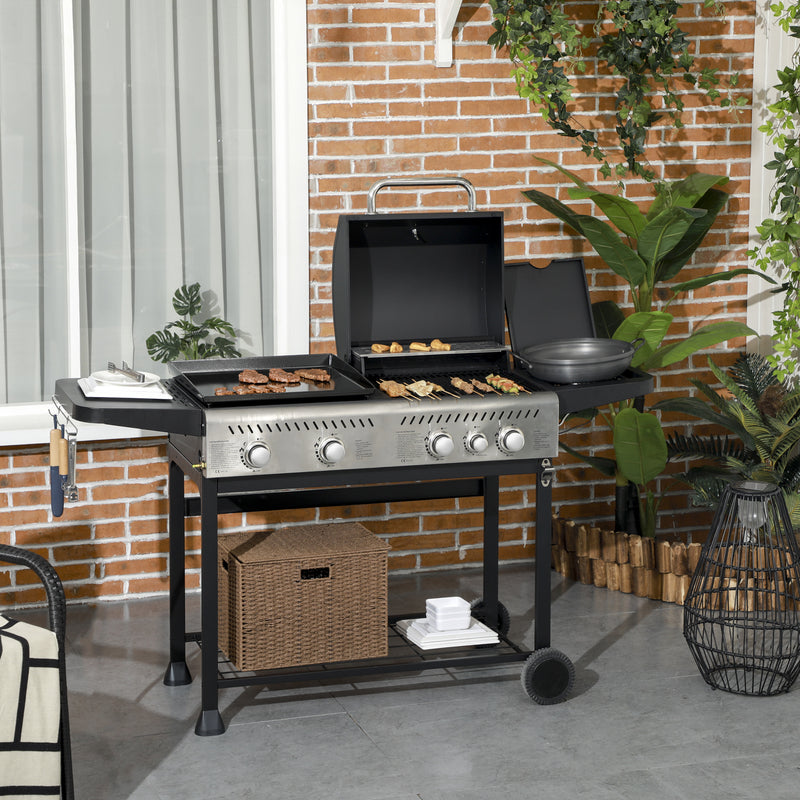 Black 15kW Deluxe Duo Gas BBQ Grill With Plancha and Side Burner For Outdoor Cooking Outsunny