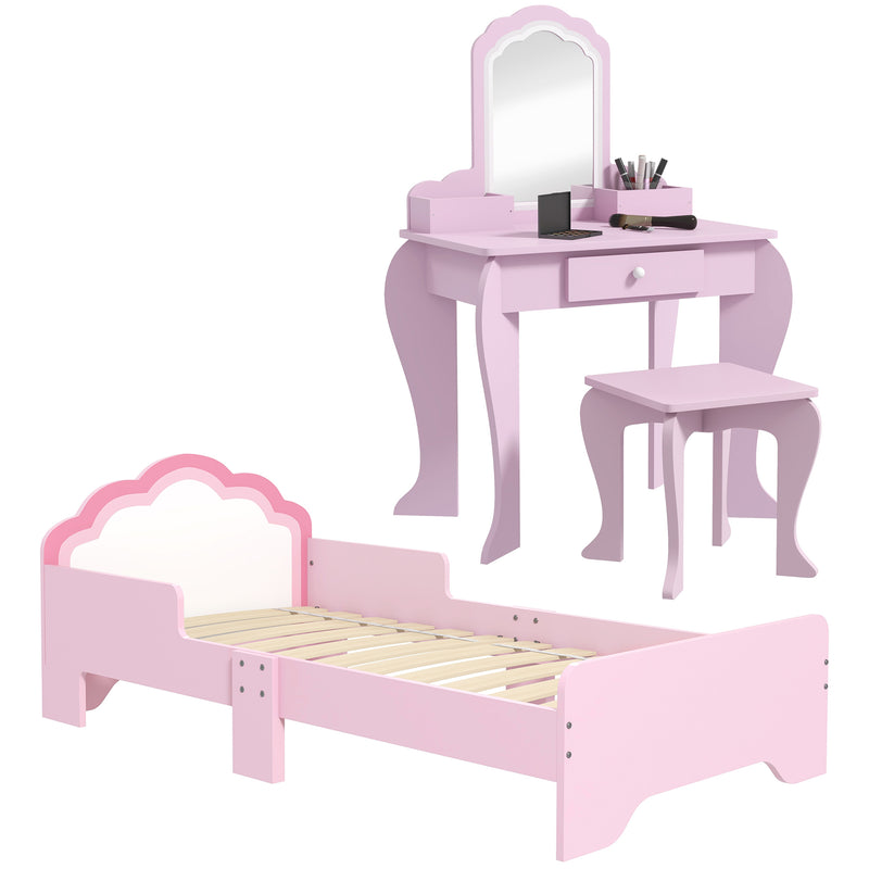 Wooden Kids Bedroom Furniture Set with Bed Dressing Table and Stool for Ages 3 to 6 White AOSOM