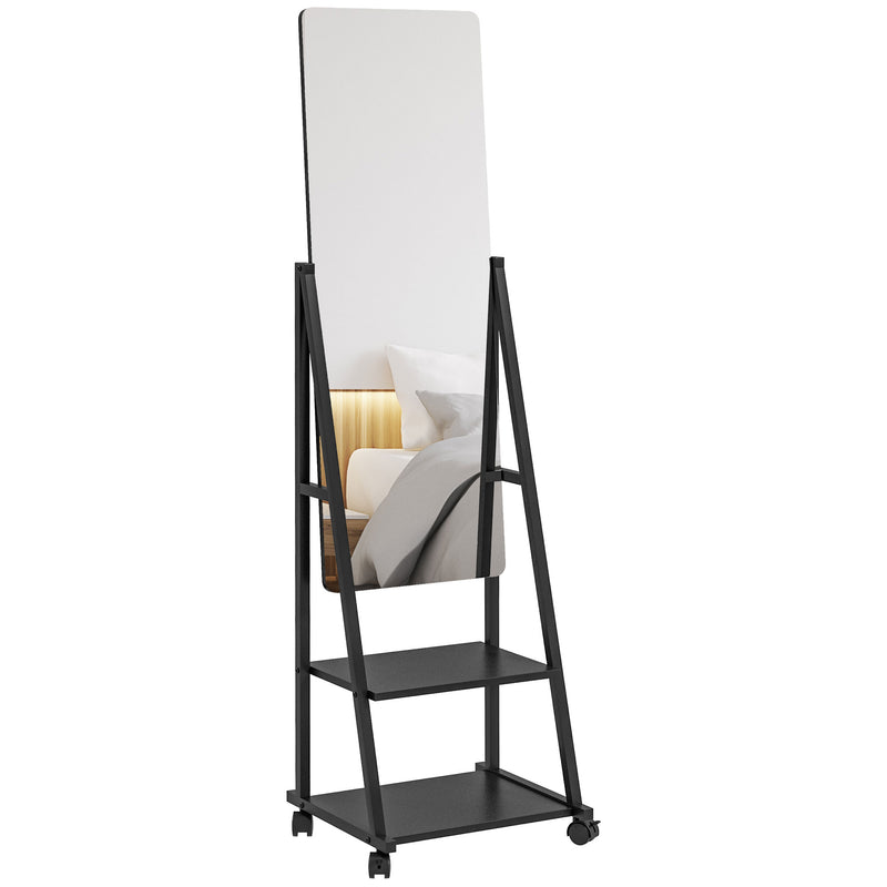 Full Length Dressing Mirror on Wheels with Adjustable Angle and Storage Shelves, White