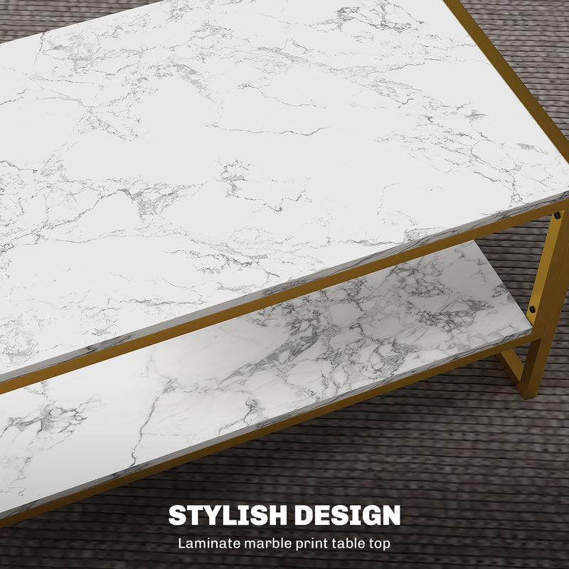 Two Tier Marble Coffee Table With Storage Shelf For Living Room Metal Frame, White