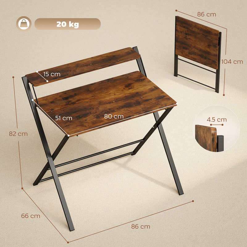 Folding Desk with Upper Shelf for Small Spaces and Easy Storage Rustic Brown AOSOM