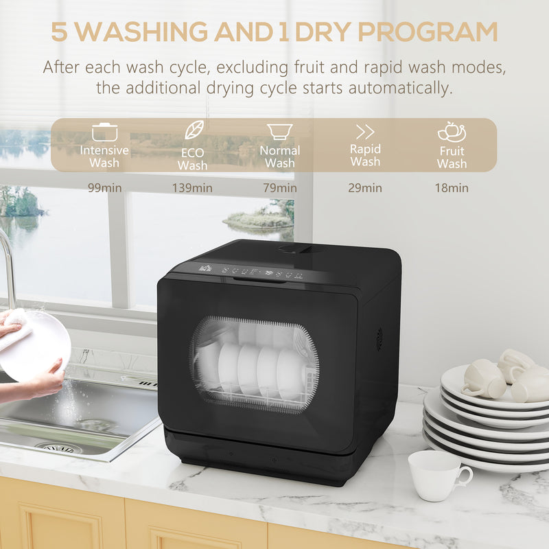 Mini Table Top Dishwasher 6 Programmes With Built In 6L Tank Ideal For Small Kitchens Black