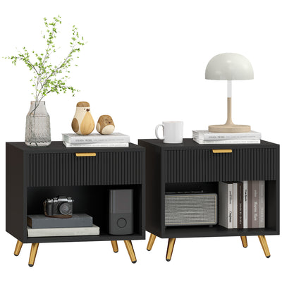 Set of 2 Bedside Tables with Drawer and Shelf Ideal for Bedroom Storage Black Gold Tone
