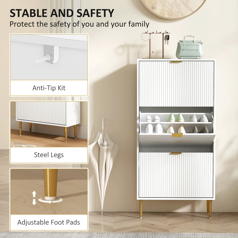 Slim Shoe Storage Cabinet With 3 Flip Drawers Ideal For Hallways Or Entryways White
