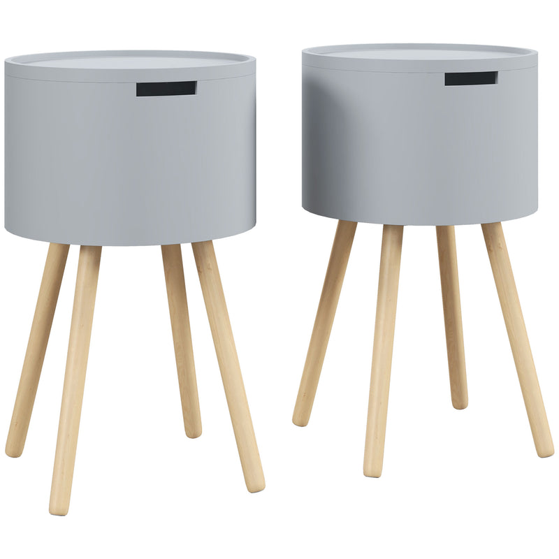 Set of 2 Round Side Tables with Hidden Storage and Removable Tray for Living Room Grey