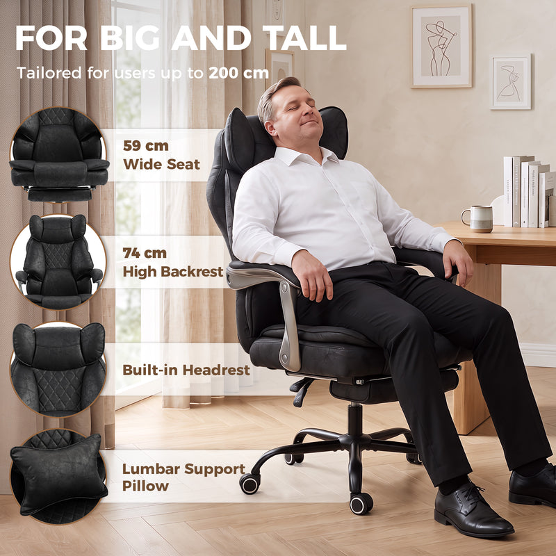High Back Office Chair for Tall and Heavy Users with Reclining Footrest and Wide Seat Black