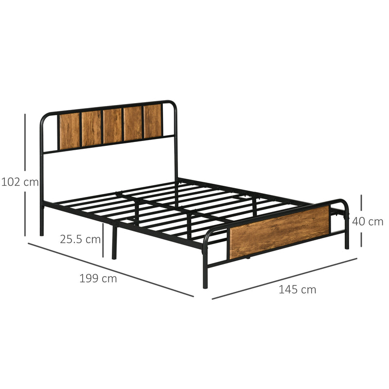 Double Bed Frame with Wood Headboard and Steel Slats for Storage and Support Rustic Brown