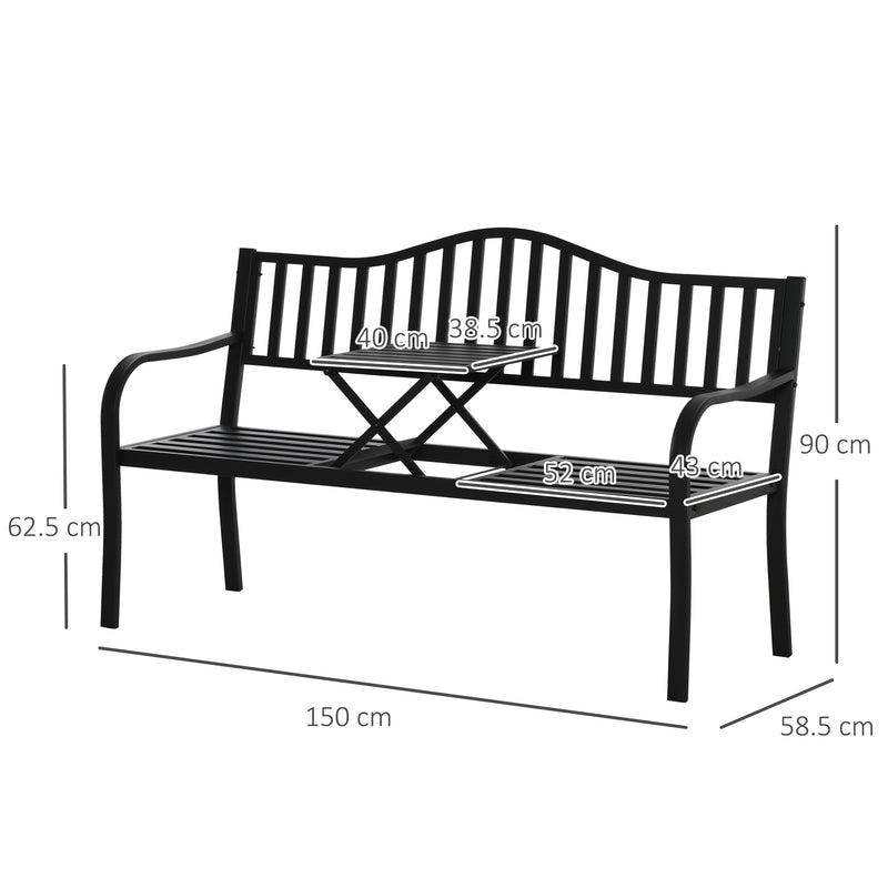 Outdoor Metal Bench with Pull-Out Centre Table for Garden or Patio Seating Black Outsunny