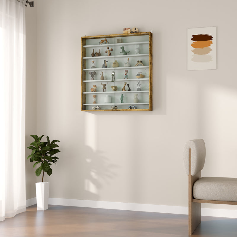 Rustic Brown 7 Tier Wall Display Cabinet With Glass Doors and Adjustable Shelves by HOMCOM