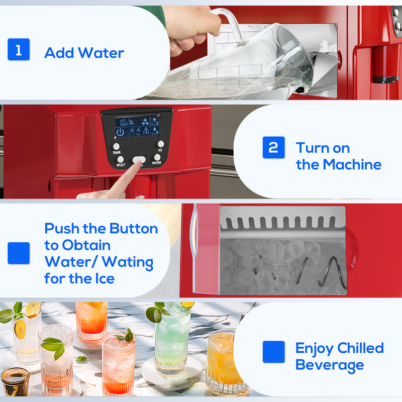 3L Ice Maker and Water Dispenser Produces 12kg Daily with Fast 9 Cube Cycles, Red