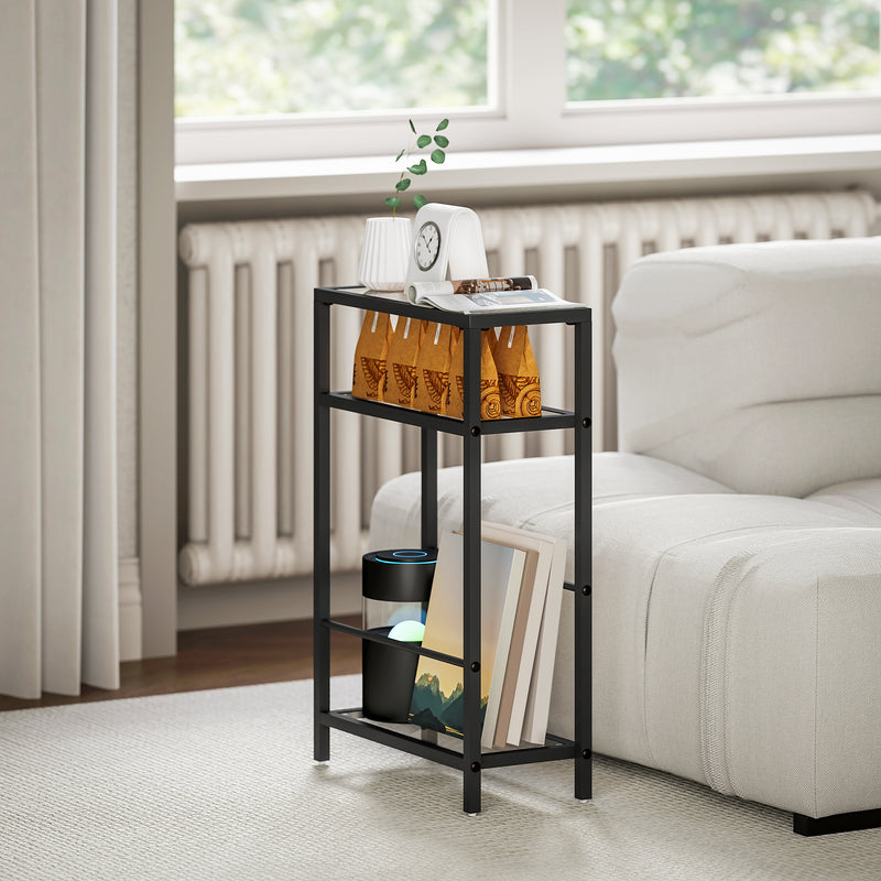 Slim Glass Side Table with Three Shelves for Small Spaces and Extra Storage Black