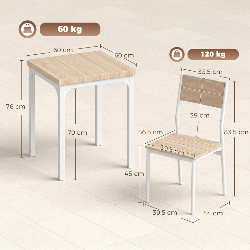 Compact Dining Table and 2 Chairs Set for Small Kitchens or Flats Oak Wood Effect White