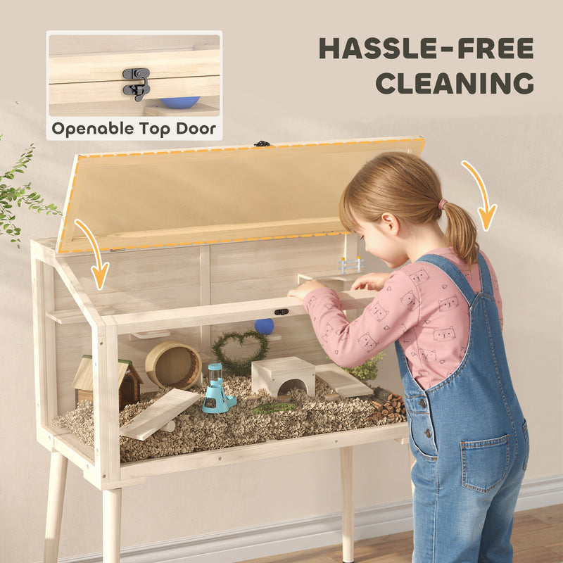 Large Wooden Hamster Cage With Seesaws Platforms and Water Bottle for Gerbils Natural AOSOM
