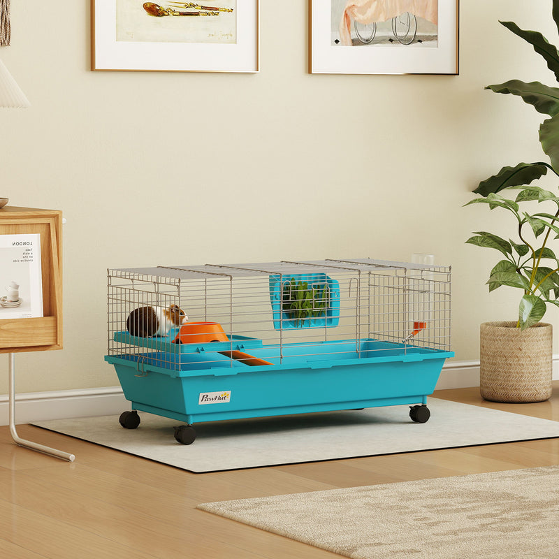Small Animal Cage with Deep Base and Easy Access Doors for Rabbits and Guinea Pigs Blue AOSOM