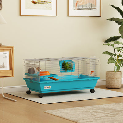 Small Animal Cage with Deep Base and Easy Access Doors for Rabbits and Guinea Pigs Blue AOSOM