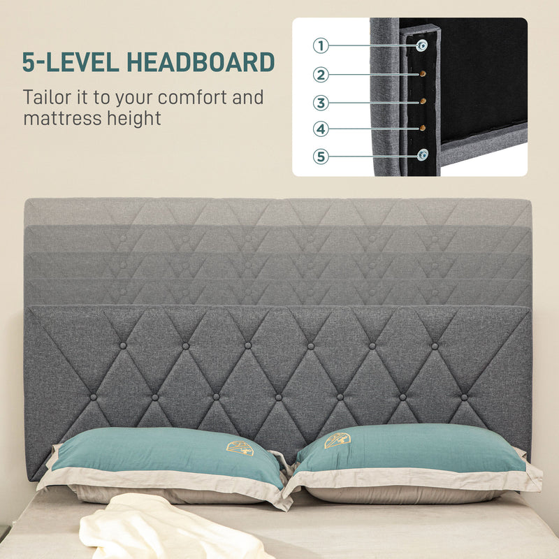 Grey Double Bed Frame with Adjustable Linen Headboard and Wooden Slats by HOMCOM