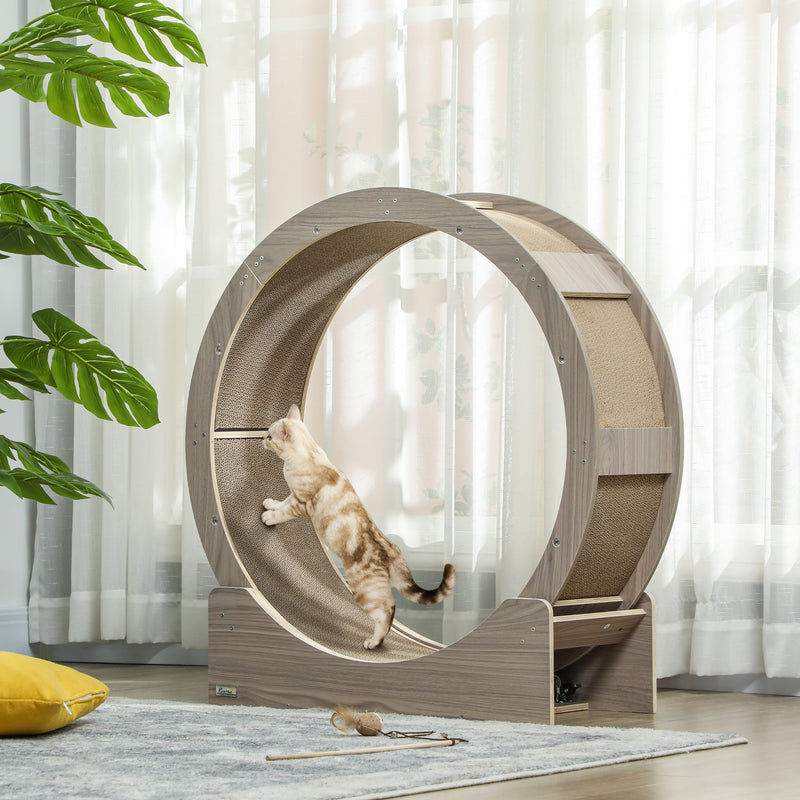 Walnut Brown Cat Exercise Wheel with Brake and Scratching Pads by PawHut