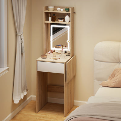 Dressing Table with Adjustable LED Mirror and Storage for Small Bedrooms Natural Wood AOSOM