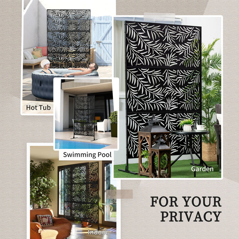 Black Metal Garden Privacy Screen with Stand 6.5ft Decorative Panel for Patio or Pool