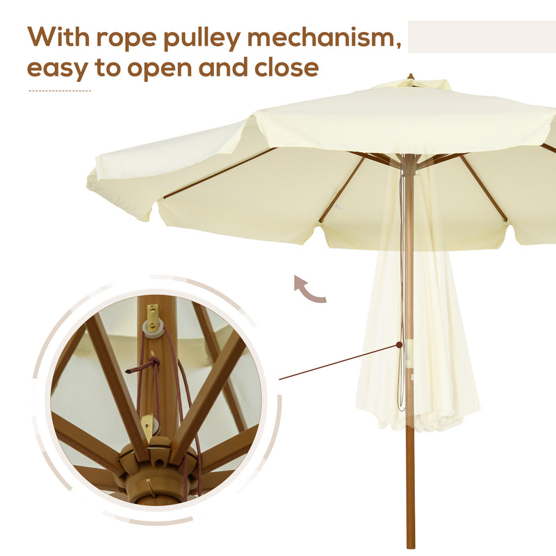 Beige 3.3m Garden Parasol With Wood Pole And Ruffled Canopy For Sun Protection