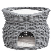 2 Tier Wicker Cat House with Washable Cushions Elevated Pet Bed for Kittens, Grey