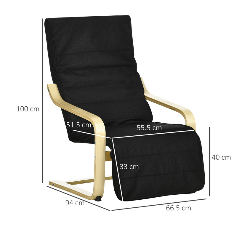 Wooden Reclining Lounger Chair With Adjustable Footrest And Removable Cushion Cover Black