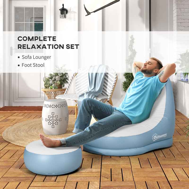 Inflatable Chair and Footstool Set for Quick Extra Seating Indoors or Outdoors White and Blue