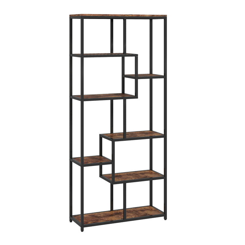 Seven Tier Geometric Bookcase With Open Shelves For Modern Home Storage Brown Black