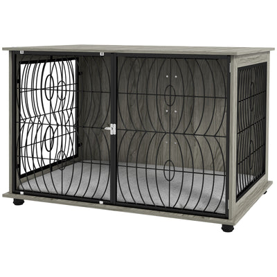 Extra Large Dog Crate Table with Lockable Door and Washable Cushion for Indoor Use Grey
