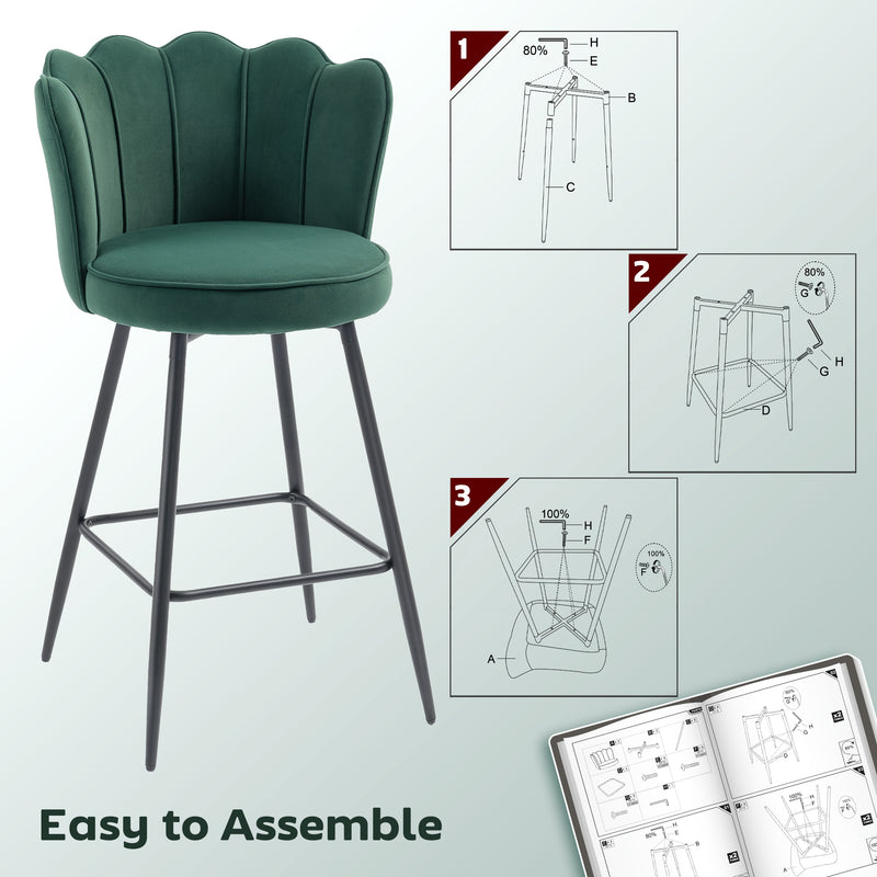 Set of 2 Dark Green Velvet Bar Stools with Swivel Seats and Backrest for Kitchen Counters