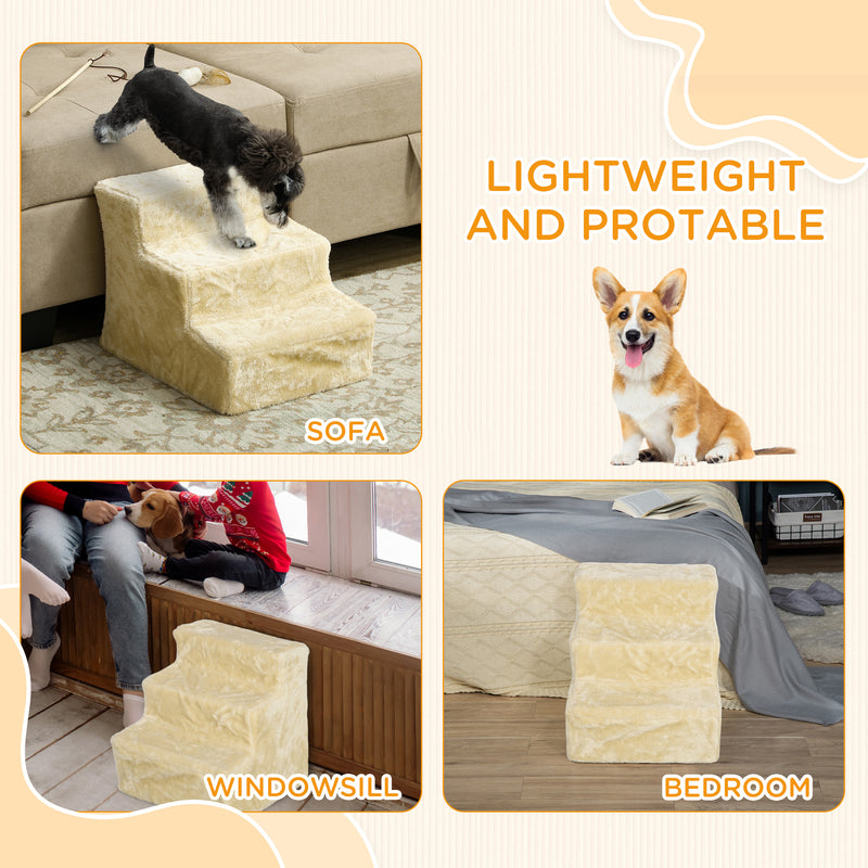 Beige Three Step Dog Stairs with Washable Plush Cover for Small Dogs and Cats by PawHut