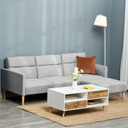L Shaped Linen Fabric Corner Sofa Bed with Footstool and Wooden Legs for Living Room Light Grey