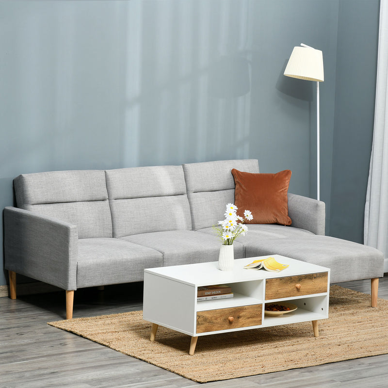 L Shaped Linen Fabric Corner Sofa Bed with Footstool and Wooden Legs for Living Room Light Grey