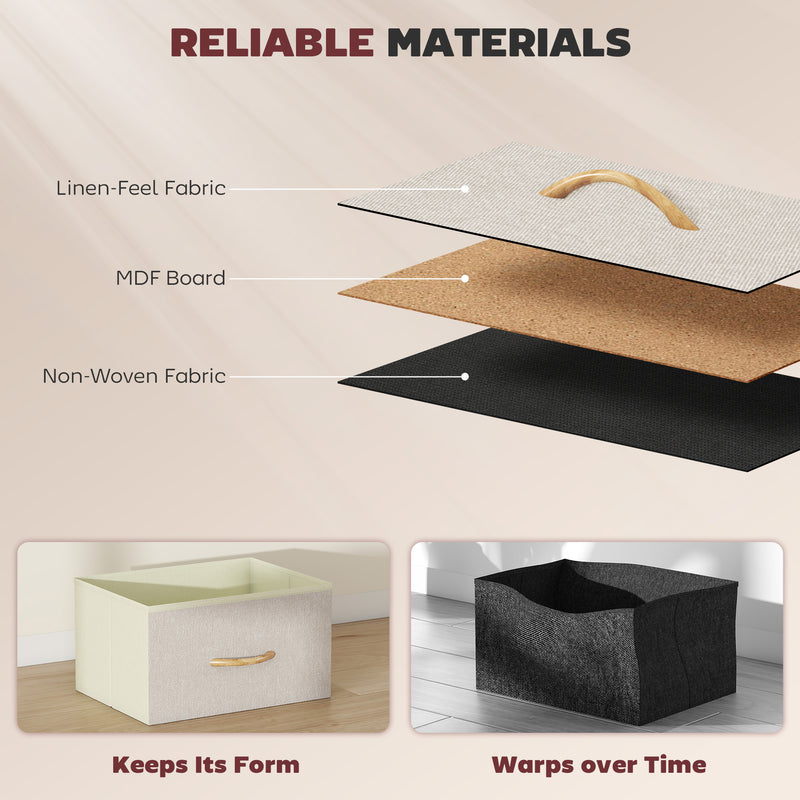 Chest of 4 Fabric Drawers for Bedroom Storage with Wooden Top Surface, Beige