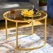 Nest of 2 Modern Round Coffee Tables with Tempered Glass Top and Gold Steel Frame for Living Room