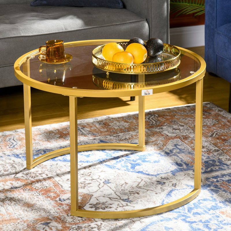 Nest of 2 Modern Round Coffee Tables with Tempered Glass Top and Gold Steel Frame for Living Room
