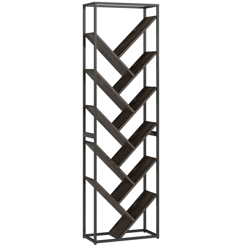 Modern Bookcase For Home Office Organisation - 10 Tiers - Black Metal Frame With Angled Grey Shelves Homcom