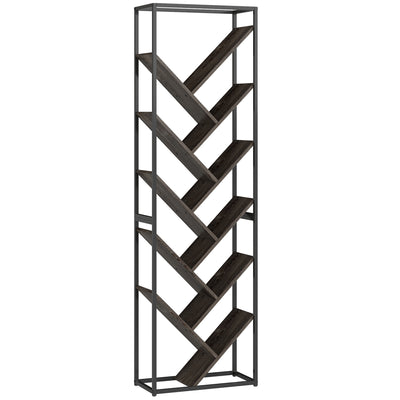 Modern Bookcase For Home Office Organisation - 10 Tiers - Black Metal Frame With Angled Grey Shelves Homcom