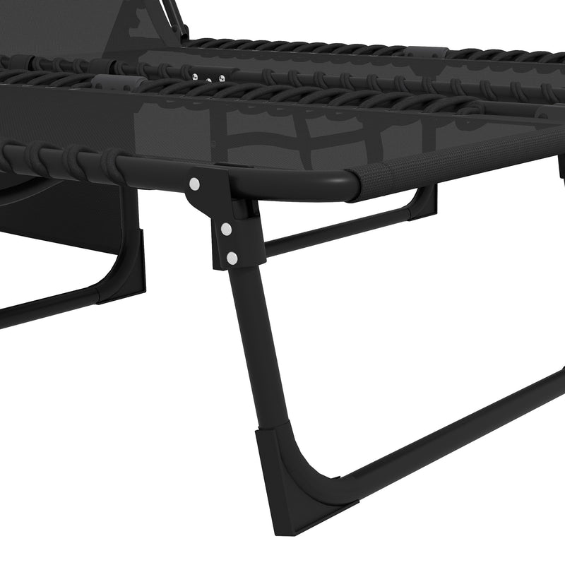 Black Folding Sun Lounger Set of 2 with Adjustable Backrest and Side Pocket for Garden