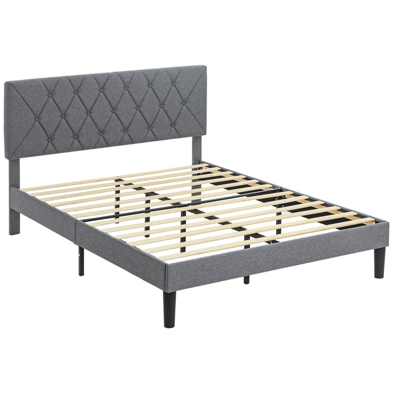 Grey Double Bed Frame with Adjustable Linen Headboard and Wooden Slats by HOMCOM