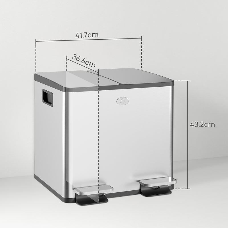 30L Dual Compartment Kitchen Recycling Bin with Deodoriser Holders Stainless Steel Silver