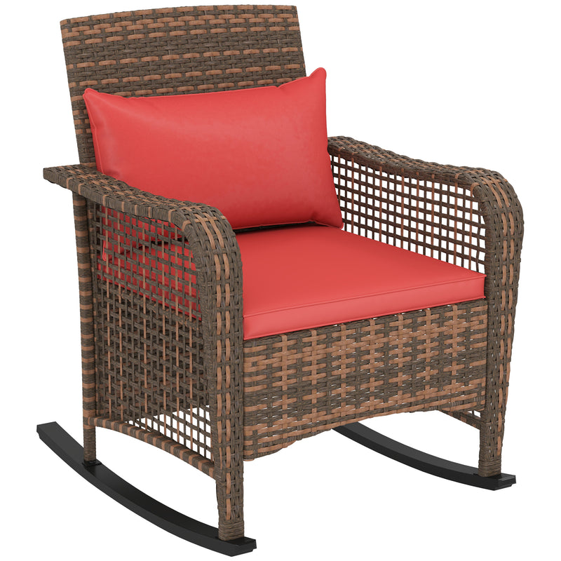 Red Rattan Rocking Chair with Cushions Steel Frame for Garden Patio Balcony by Outsunny