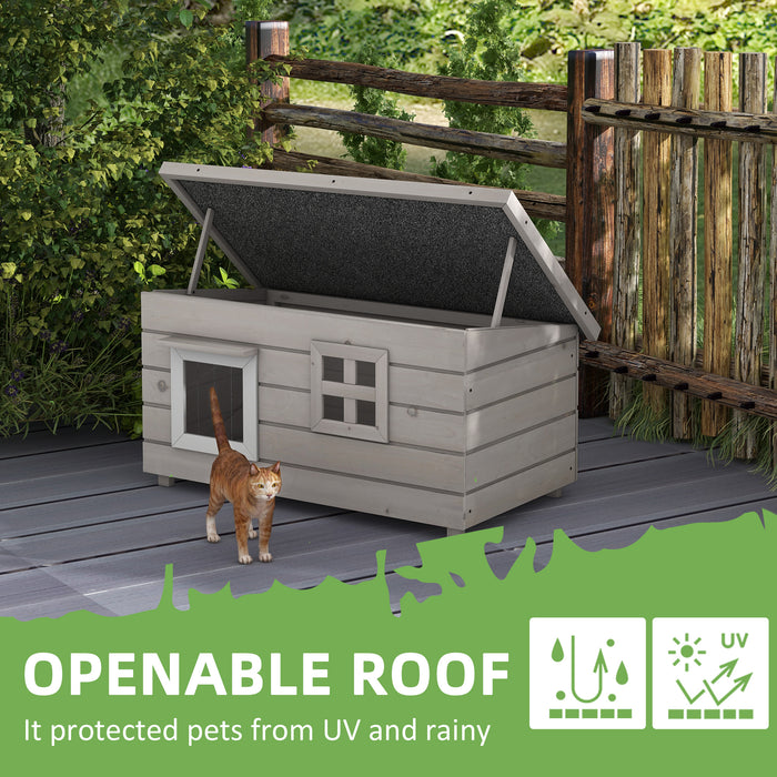 Grey Wooden Outdoor Cat House Raised Shelter with Openable Roof and Window by PawHut