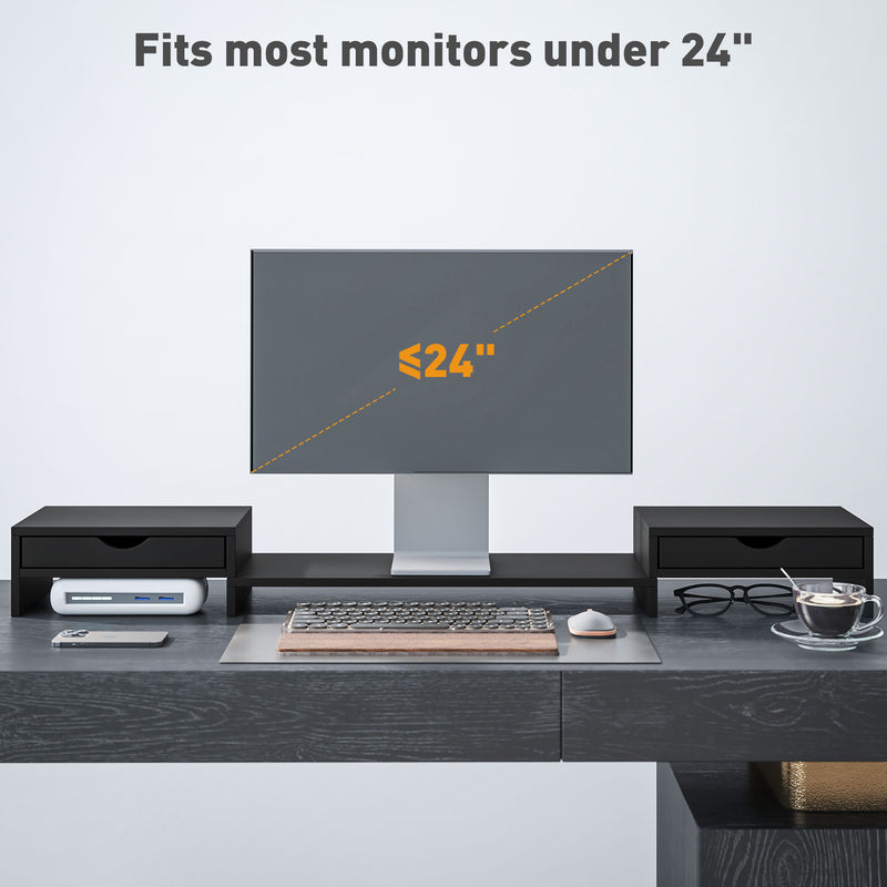 Dual Monitor Stand Riser with 2 Drawers Adjustable Length for PC Laptop and Printer Black by HOMCOM