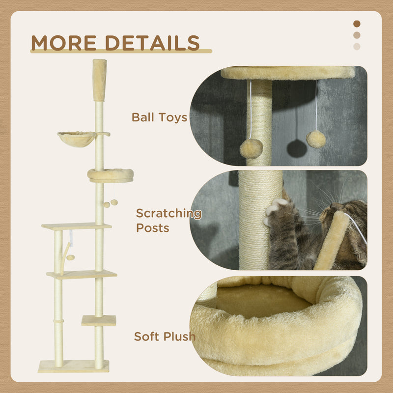 Adjustable 6 Tier Cat Climbing Tower With Hammock And Scratching Posts For Indoor Use Beige
