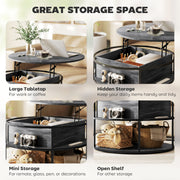 Charcoal Grey Round Lift Top Coffee Table With Storage Shelf For Living Room Or Office
