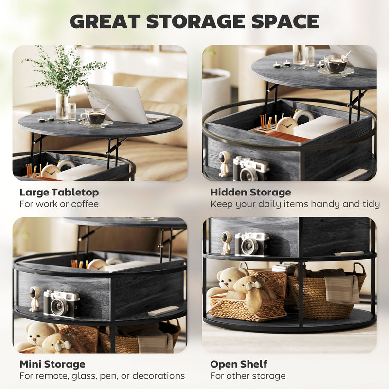 Charcoal Grey Round Lift Top Coffee Table With Storage Shelf For Living Room Or Office